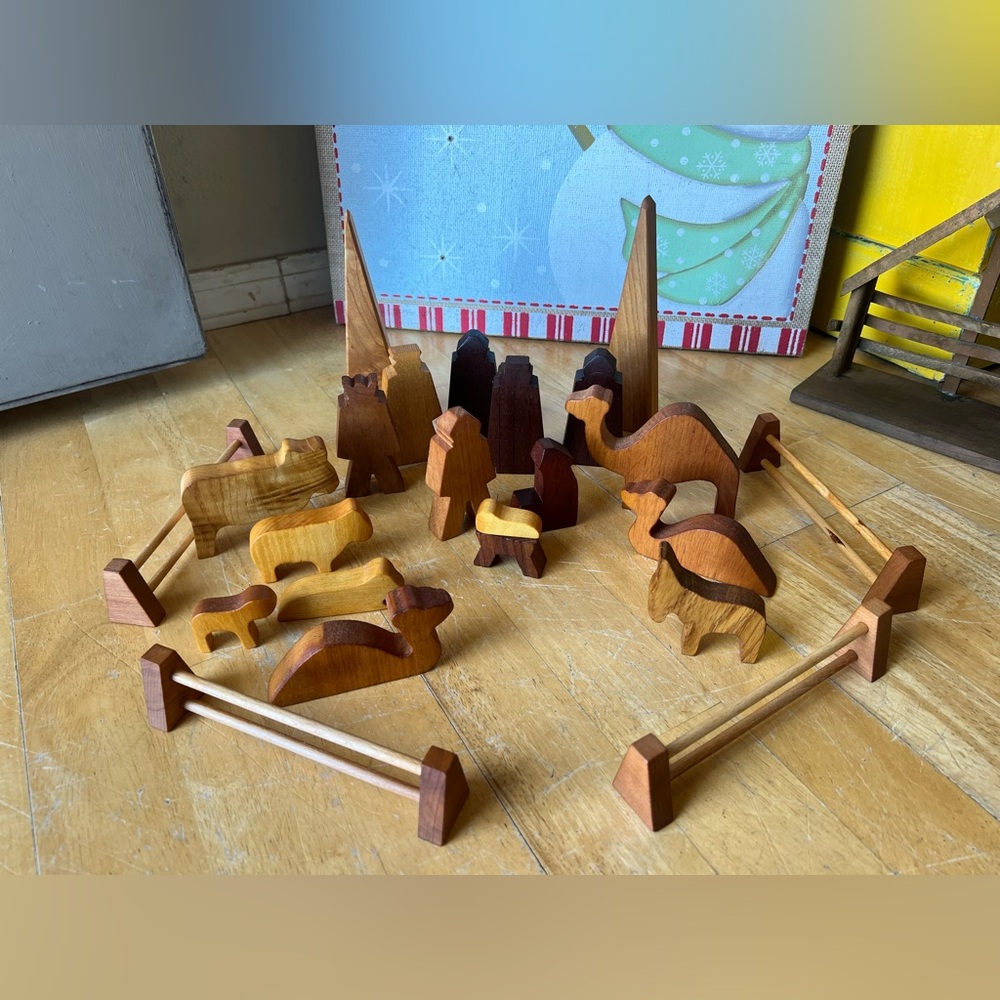 Hand carved wooden 23 piece Nativity set